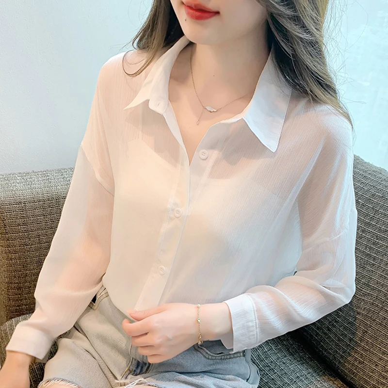 

Casual Long Sleeve Thin Cardigan Sunscreen Shirt Women Mid-Length Loose Clothes Summer Spring See Through Chiffon Blouse 26970