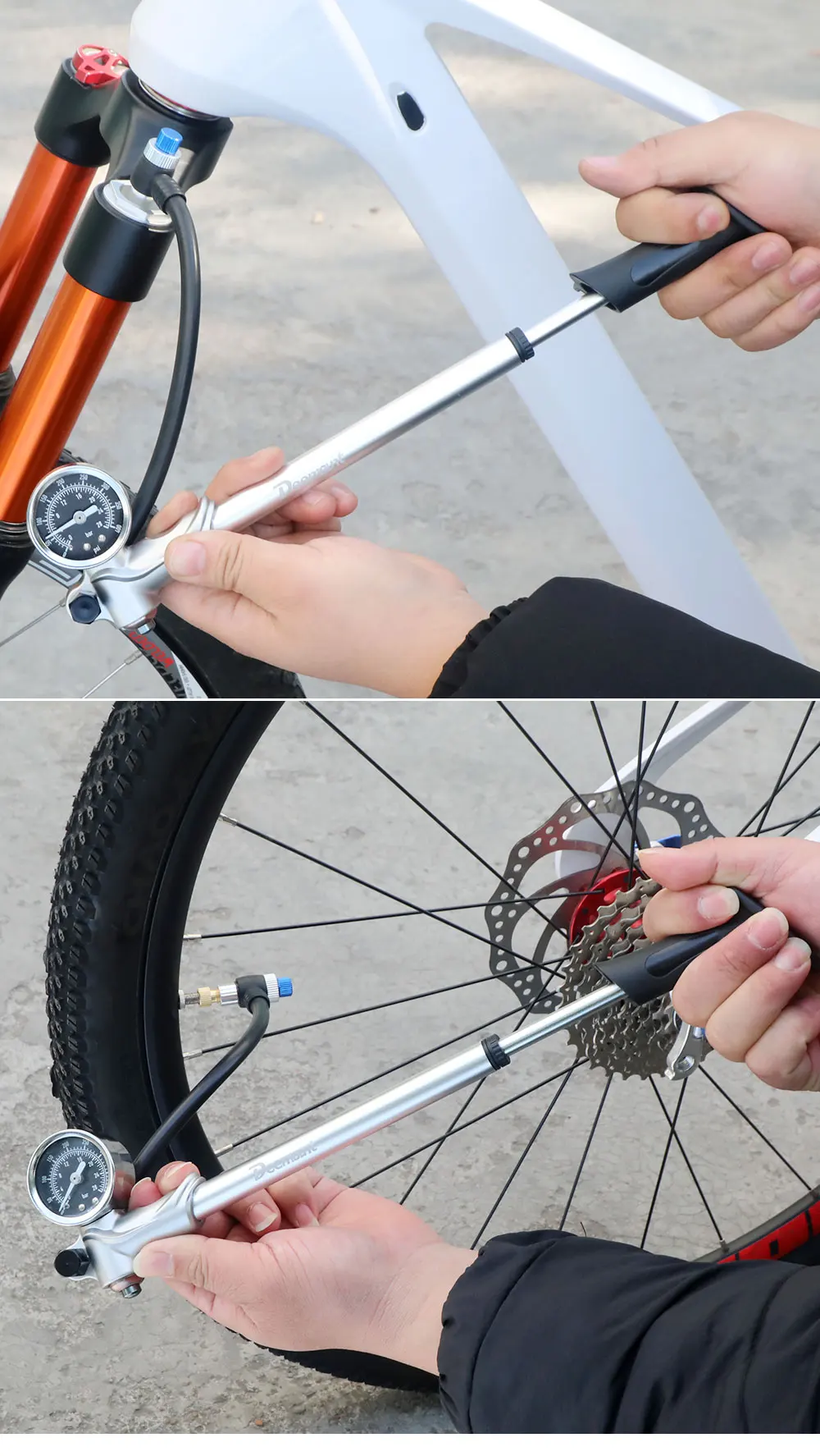 400psi Hochdruck-Luftpumpe mit Manometer für Vordergabel-Stoßdämpfer MTB Fahrrad Presta Schrader Ventil-Inflator Drehbarer Schlauch – Detail 13