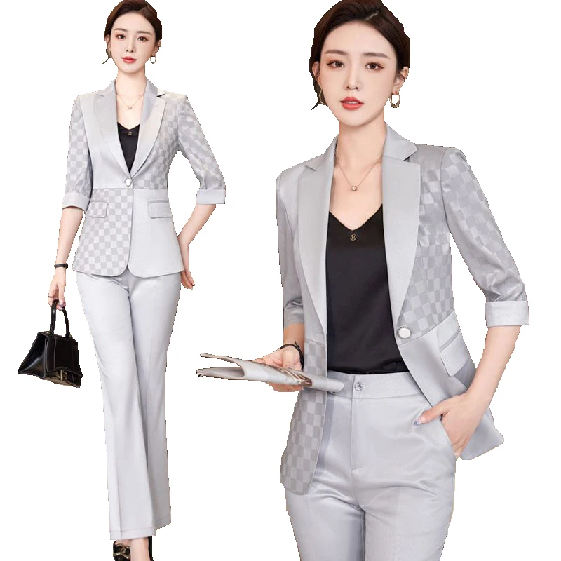 

High Quality Pants Suit New Summer 2023 Fashion Half Sleeve Slim Blazer and Trousers Business Temperament Office Lady Work Wear