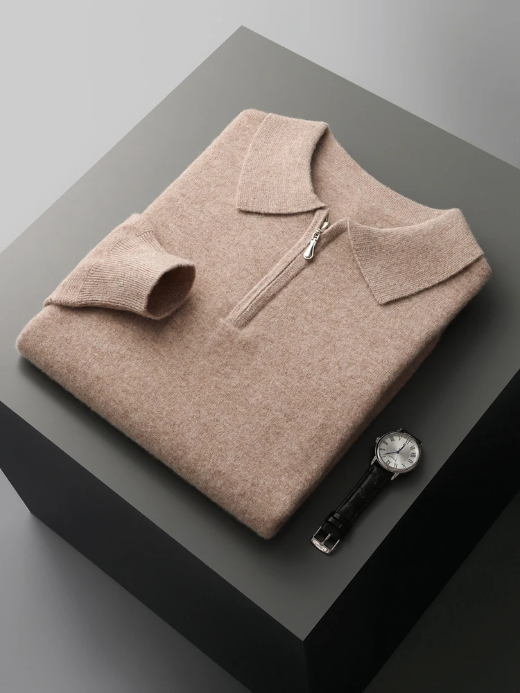CHICUU Men Polo Cashmere Sweater Zipper Smart Casual Pullover 100% Merino Wool Knitwear Autumn Winter Soft Comfy Basic Tops 6