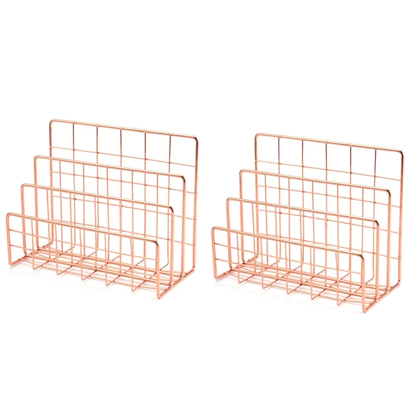 

2X Bookshelf Office Desktop Rose Gold Metal Book Block Three Layer Desktop Magazine Shelf Book Holder