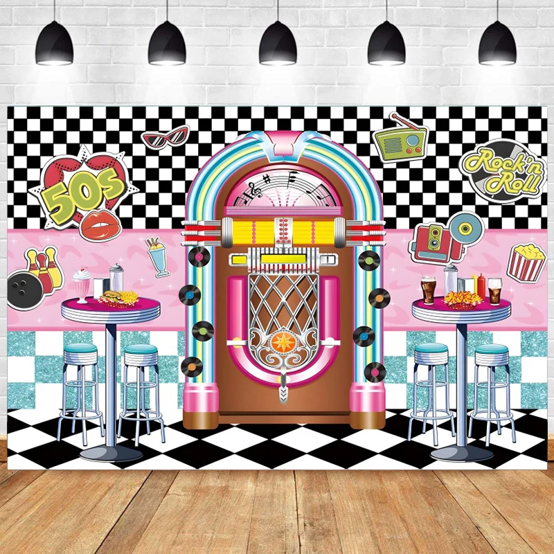 

50s Rockabilly Backdrop Rock and Roll Decorations Party 1950s Vintage Birthday Jukebox Retro Background Wall Photography Banner