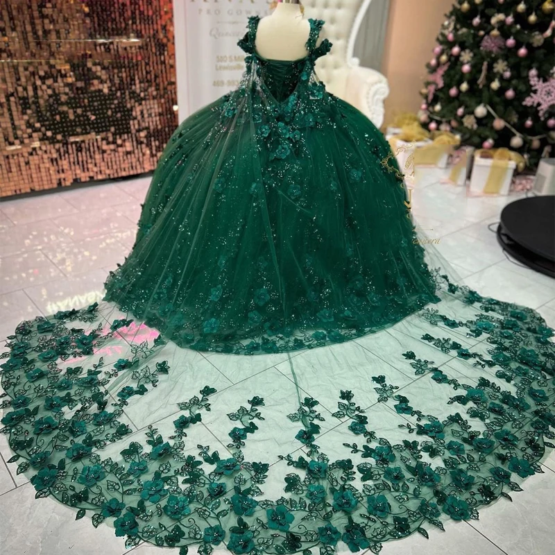 Emerald Green Beading Quinceanera Dresses Mexican Appliques 3D Flowers Ball Gowns With Cape Lace Up A-Line Puffy Vestidos De XV