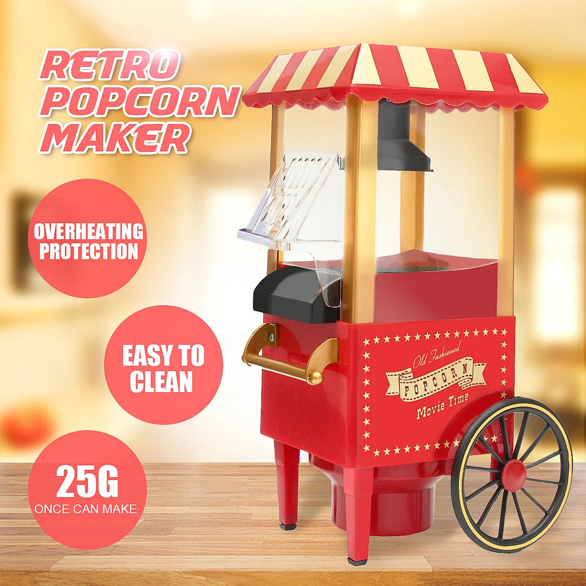 Hot Air Mini Popcorn, Popper Carts Machine Oil Free Vintage Movie Theater Style Red Electric Nostalgia Popcorn Maker