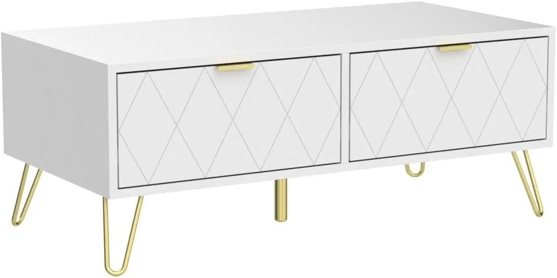39.4'' Coffee Table with Large Drawers & 2 Open Storage Shelves, White Modern Coffee Tables with Gold Metal Handles 5