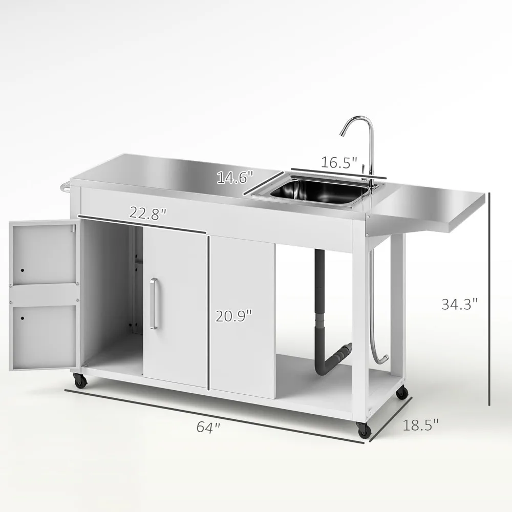 Outdoor Grill Table with Stainless Steel Sink and Drainage, Grill Cart with Foldable Side Table and Cabinet 5