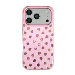 Sweet Cute Bling Pink Strawberry Shockproof Phone Case - Hard IMD TPU Back Cover - iPhone 15 (01)