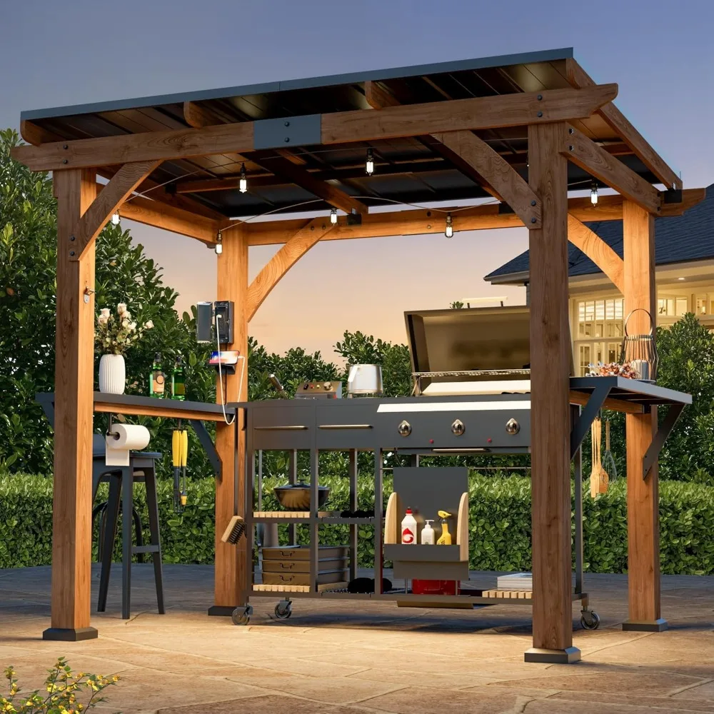Modern shaded BBQ gazebo 6' X 8', cedar wood gazebo, terrace gazebo with galvanized steel roof