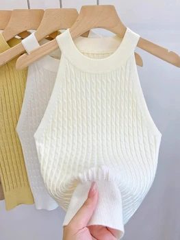 2026 Summer New Women's Knitted Halter Camisole Slim Fit Sleeveless Base Tank Tops Solid Color O-neck Outerwear Vests Crop Tops