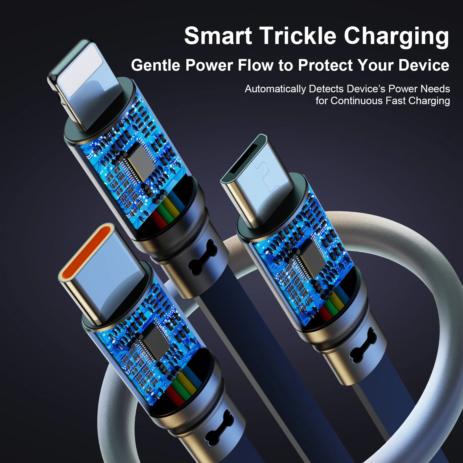 3-in-2 100W Fast Charging Retractable USB Cable 1.2m Cord Smart Trickle Charge for iPhone & Type-C Devices