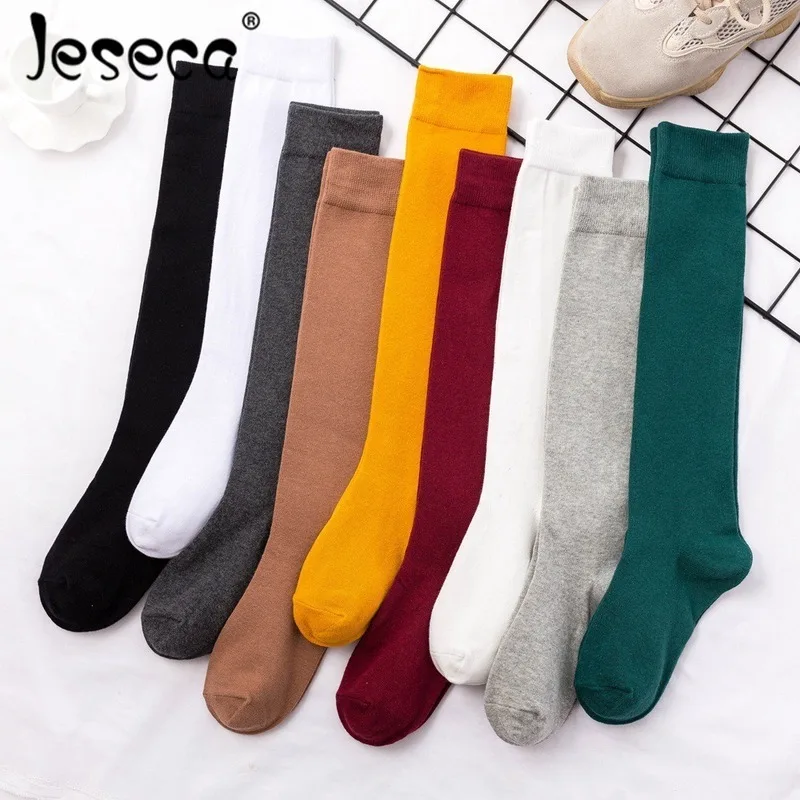 Jeseca Women Long Tube Cotton Socks Knee High Free Size Solid Soft Warm Spring Autumn Winter Knee High 40+cm Long Socks