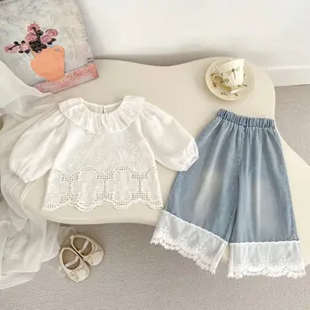 2025 Autumn New Girls Long Sleeve Lace Embroidery Shirts Solid Baby Girl Lapel Blouse Cotton Kids Tops Children Clothes