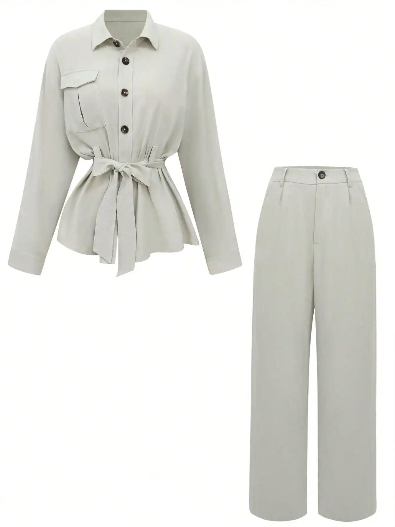 Women's Casual Fashion Retro Long-Sleeved Single-Breasted Elegant Tie-Waist Top and Wide-Leg Pants Work and Party Set - 4