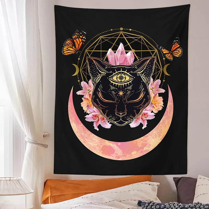 Cat Witch Tapestry Wall Hanging moon star Tarot Butterfly Psychedelic black Trippy Tapestry Psychedelic Wall Prints Decor tapestry decorations