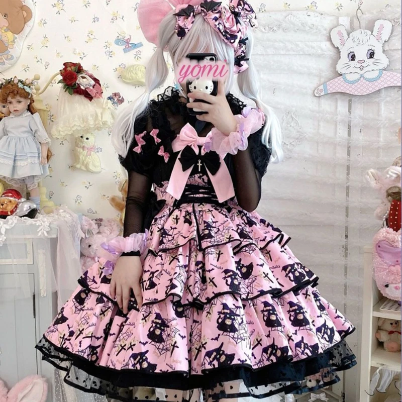 Victorian Sweet Lolita Dress Women Kawaii Elegant Y2k Chic Retro Gothic Dresses Girls Witch Pattern Midi lolita dress lolita suspender dress suspender dress