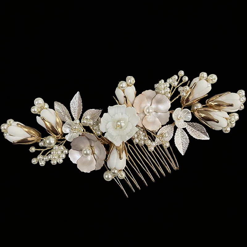 Bridal Hair Jewelry Vintage Gold Headband Hairband Porcelain Flower Headpiece Headdress For Brides Headwear Wedding Accessories