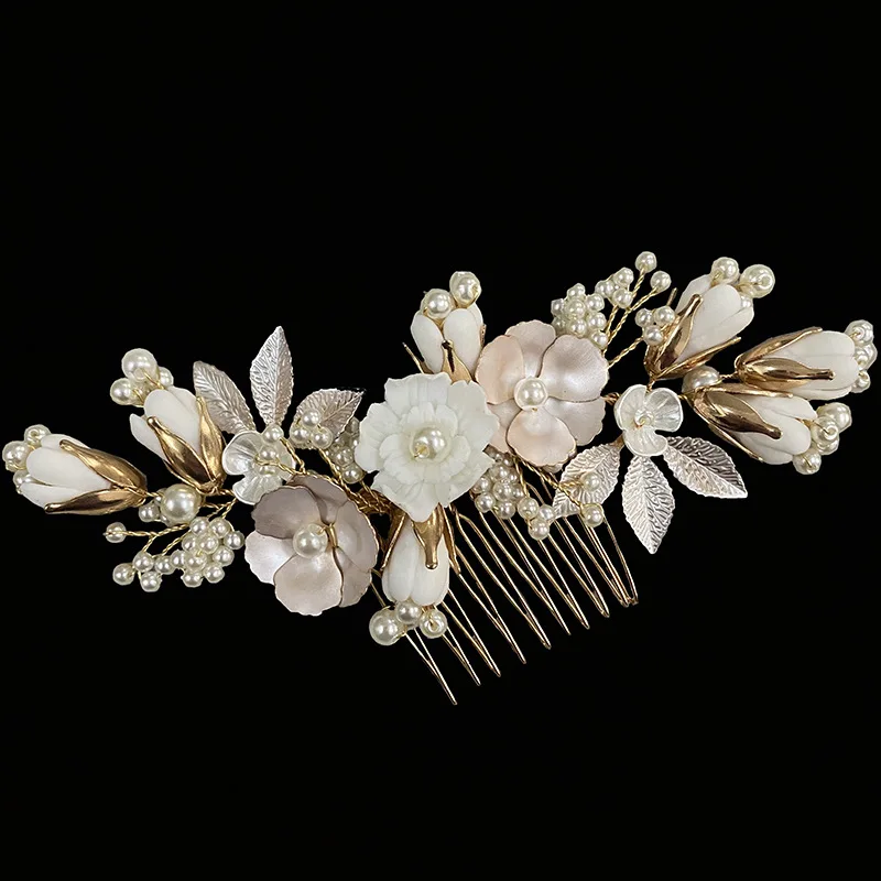 Bridal Hair Jewelry Vintage Gold Headband Hairband Porcelain Flower Headpiece Headdress For Brides Headwear Wedding Accessories 