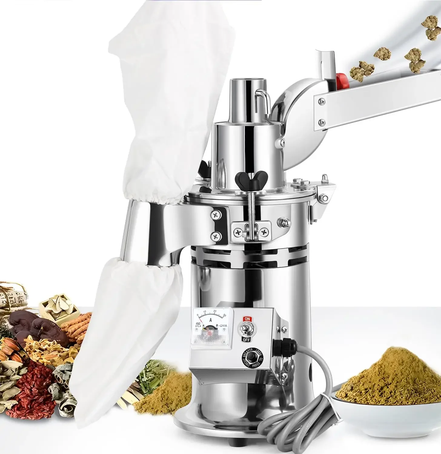Hammer Mill Grinder Electric 1200W Continuous Herb Grinder, Capacity 6.6-33 Lbs/H, with 6 Sieve Meshes, Commercial G