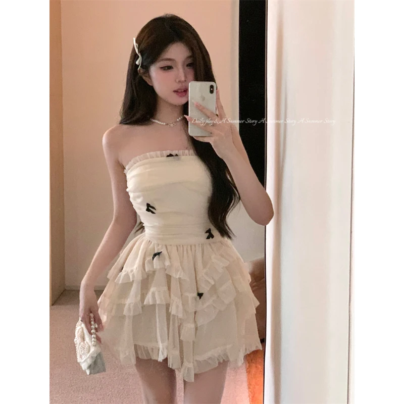 

Woman French Elegant Midi Dress Even Party Holiday Fairy Cake Dress Casual Beach Pure Color Korean Fashion Dress Slim Design