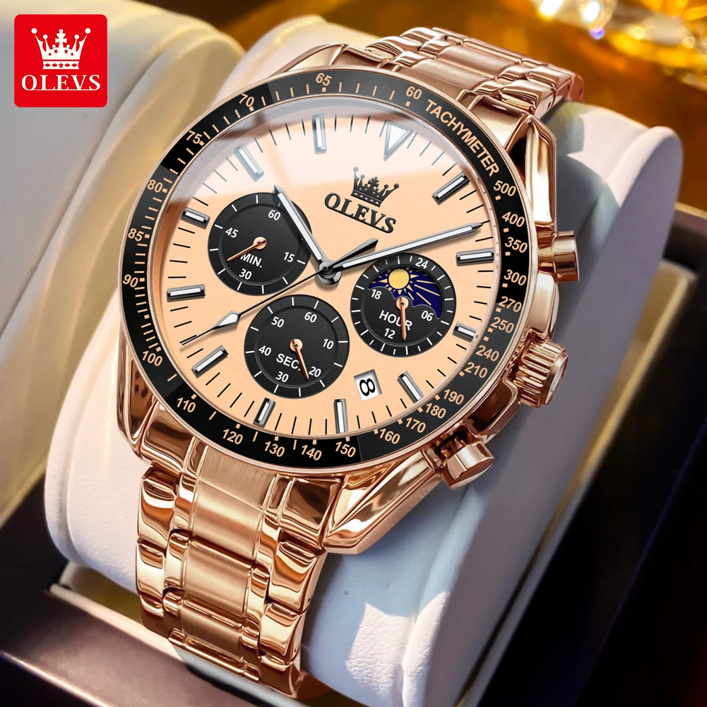OLEVS Brand 2024 Luxury Rose Gold Quartz Watch Men Stainless Steel Waterproof Luminous Date Moon Phase Chronograph Watches Mens