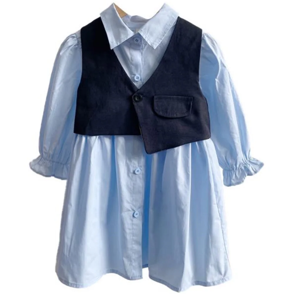 

Модная детская одежда для маленьких девочек, однотонное платье-рубашка с длинным рукавом, жилет, 2 шт., наряды, одежда