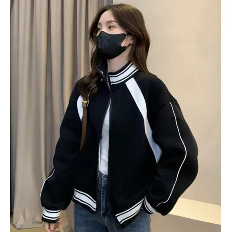 

Spring Autumn Baseball Jacket For Women Fashion Splicing Short Outwear Female Stand Neck Long Sleeve Casual Sweatshirt Coat