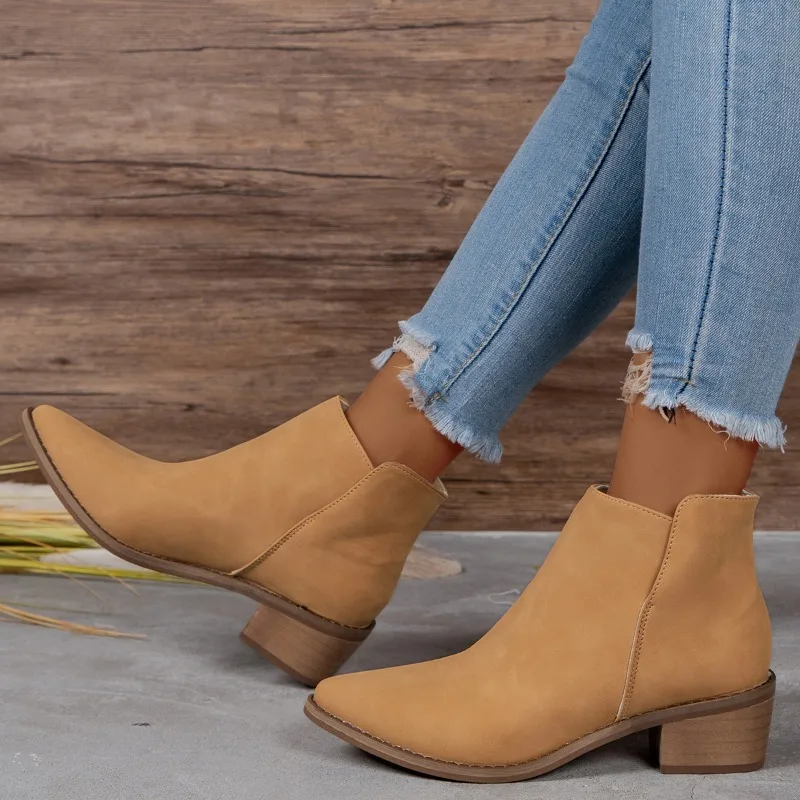 Women's leather elastic splice slip-on flats Fall ankle boots Square toe casual short Chelsea boots Shoe hot boots  women shoes