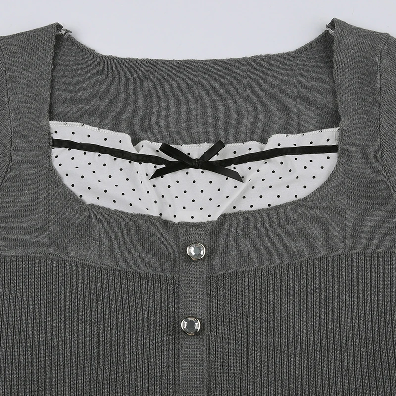 Camiseta elegante para mujer, con retazos de encaje, cuello cuadrado, de punto, dobladillo con volantes, Y2K, color gris