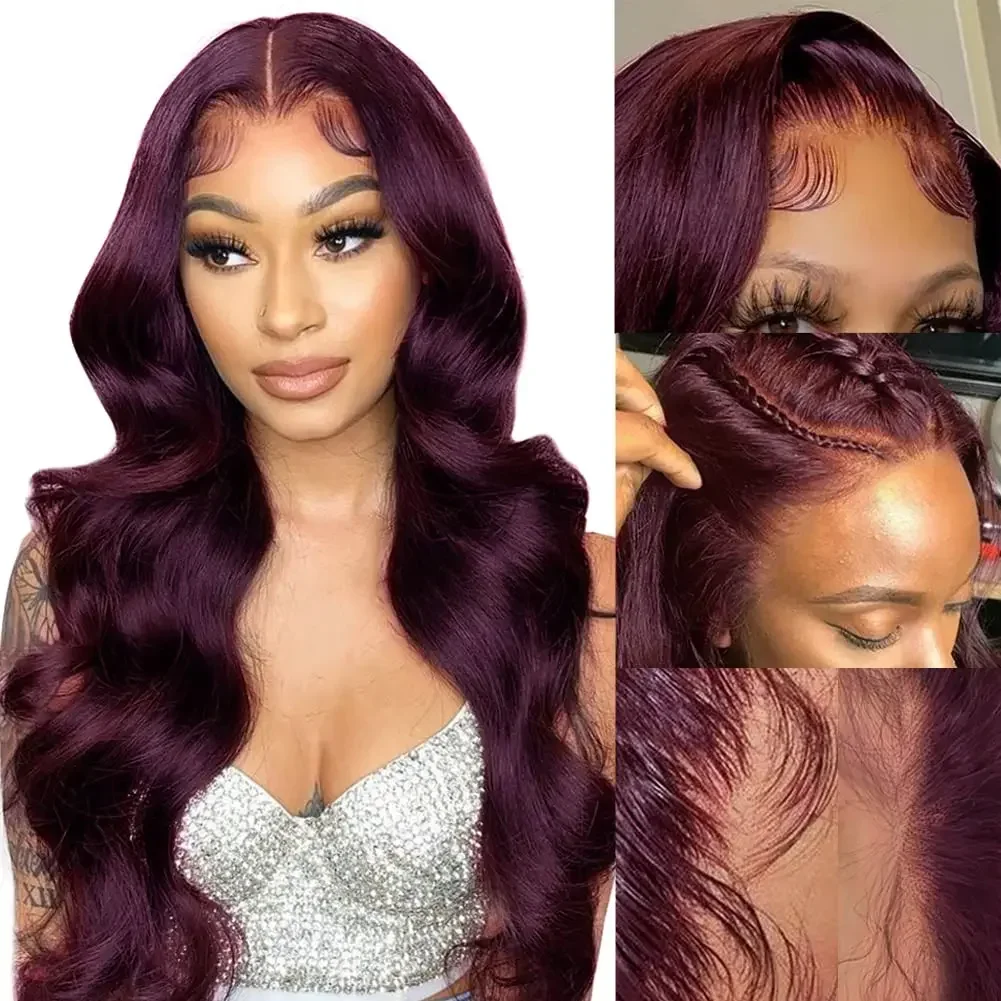 Lace Front Wig Dark Burgundy Body Wave Deep Purple Transparent Glueless Pre Plucked Synthetic Hair for Women