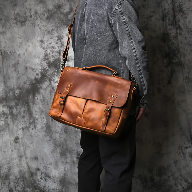 Retro Leather Men's Handbag Top Layer Leather Horizontal Computer Bag Crazy Horse Leather Men Casual Shoulder Messenger Bag NZPJ