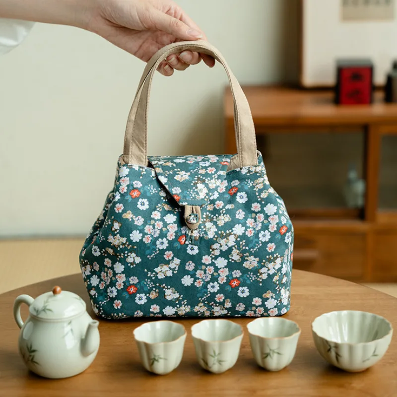 Exquisite Floral Fabric Tea Bag Portable Travel Storage Handbag Teaware Anti Knock Cup Bag Set 1 Pot 4 Cups Storage 3 Colors