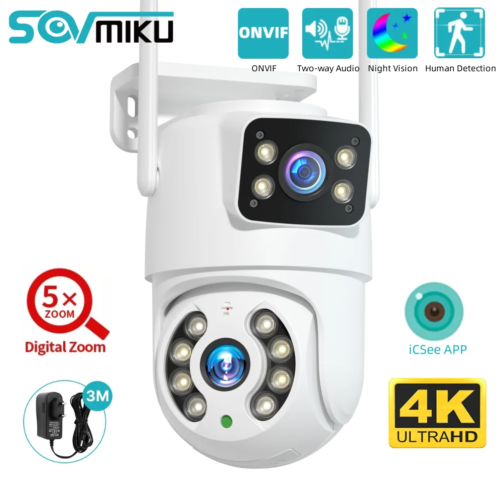 SOVMIKU 8MP 4K PTZ WiFi Surveillance Camera Dual Len 5X Zoom Night Vision ONVIF Auto Tracking CCTV IP Camera Security Protection