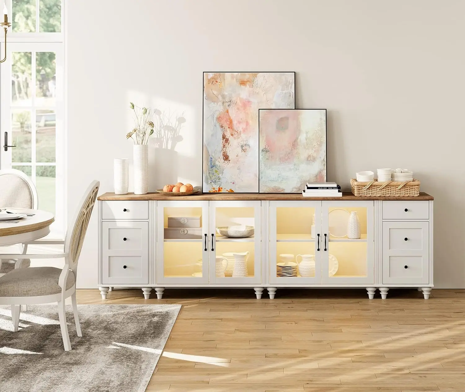 WAMPAT Kitchen Buffet Sideboard Cabinet with 4 Glass Door, Mid-Century Cupboard & End Table with Charging Station, 4-in-1 Consol