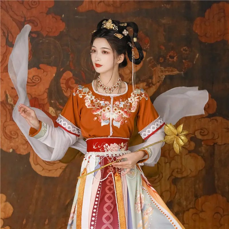 4 Piece Set Half Arm Waist Waist Tang Suit for Woman Ancient Dance Costume Elegant Princess Embroidery Hanfu Cosplay Costume