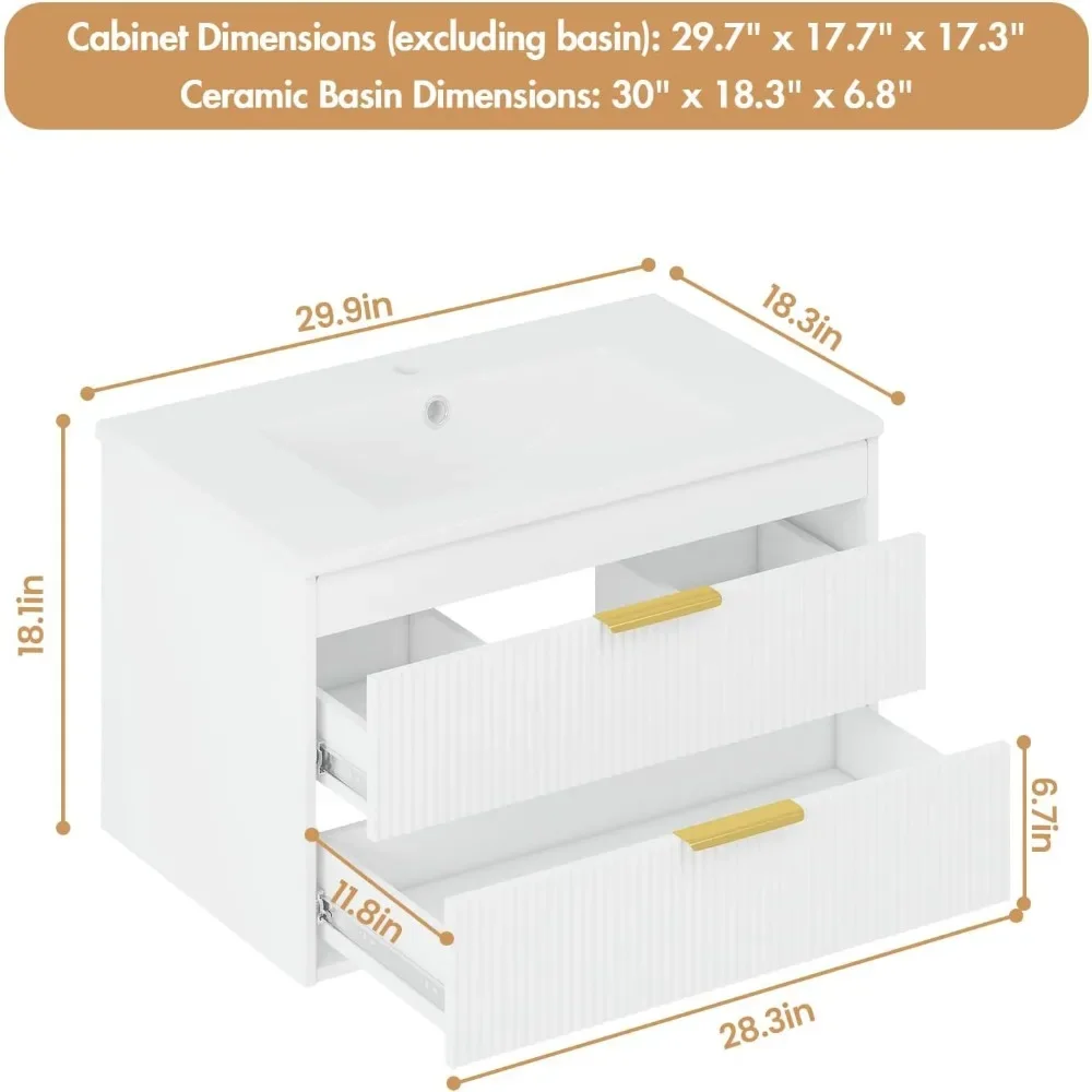 30" Bathroom Vanity Cabinet with Ceramic Sink, Wall-Mounted Floating Vanity, 2 Large Storage Drawers, with Sensor LED Light 2