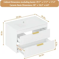 30" Bathroom Vanity Cabinet with Ceramic Sink, Wall-Mounted Floating Vanity, 2 Large Storage Drawers, with Sensor LED Light 2