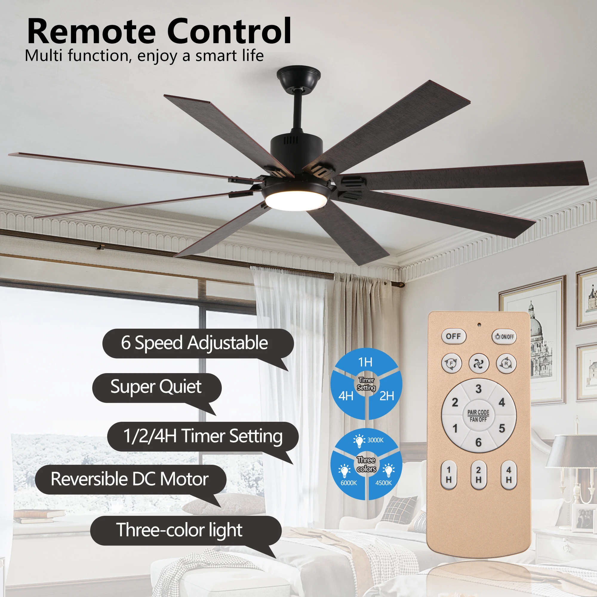 ARLGSITE 72 Inch Walnut LED Ceiling Fan Light with 8 Wooden Blades Remote Control Adjustable Color Temperature for Living Room