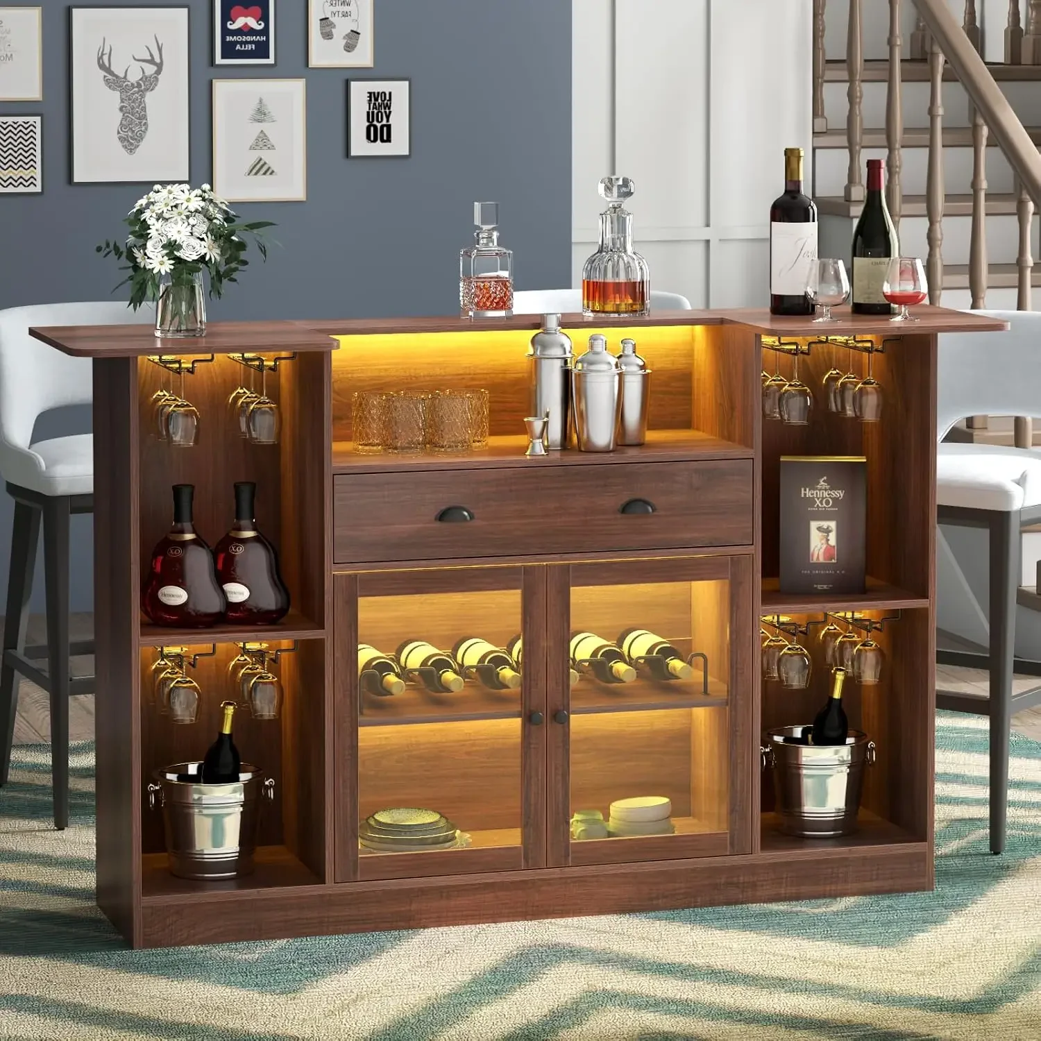 Mini Liquor Bar Cabinet, with LED & Drawer,Wine Alcohol Bar Stand with Glass, 8-Tier Storage & Stemware Holder
