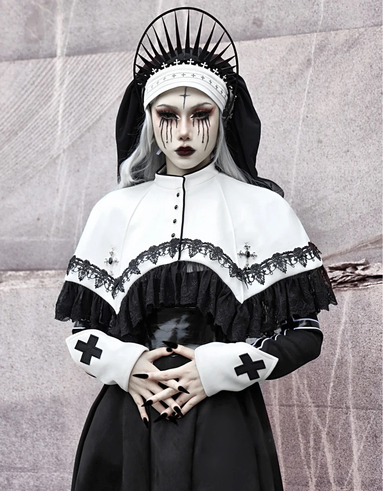 Blood Supply Original Nun Gothic White Cape Cloak Halloween Suede Cross Lace Cape Coat Women Clothes Ponchos Autumn Winter