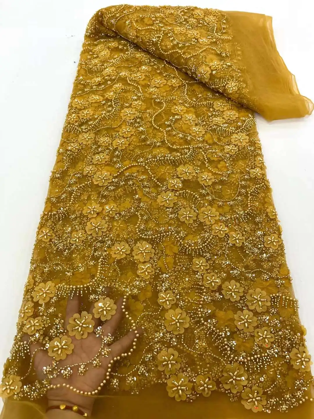 Gold African French Sequins Tulle Lace Fabric 2024 High Quality Embroidery 5 Yards Nigerian Beaded Lace Fabrics For Party Dress anna latest sequin french lace fabric 2019 high quality embroidery african tulle lace fabrics with sequins 5 yards pcs for dress