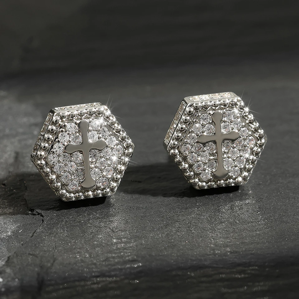 RAKOL Cross Shaped Iced Out Zircon Hip Hop Stud Earrings for Men Women Gold Color Hexagon Pierced Earring Punk Party Jewelry 6