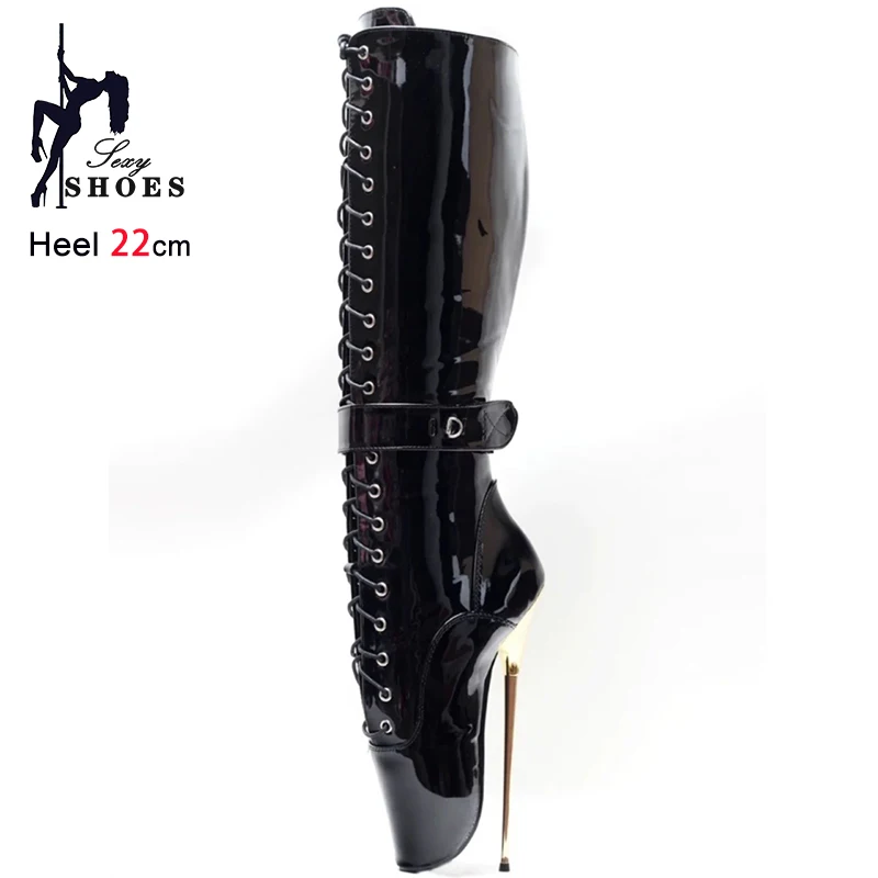 2025 New style Lace-up Ballet Boots Gothic stiletto heel Shoes sexy Fetish Club wear Women 22CM Metal Fine Heel Mid-calf Boots