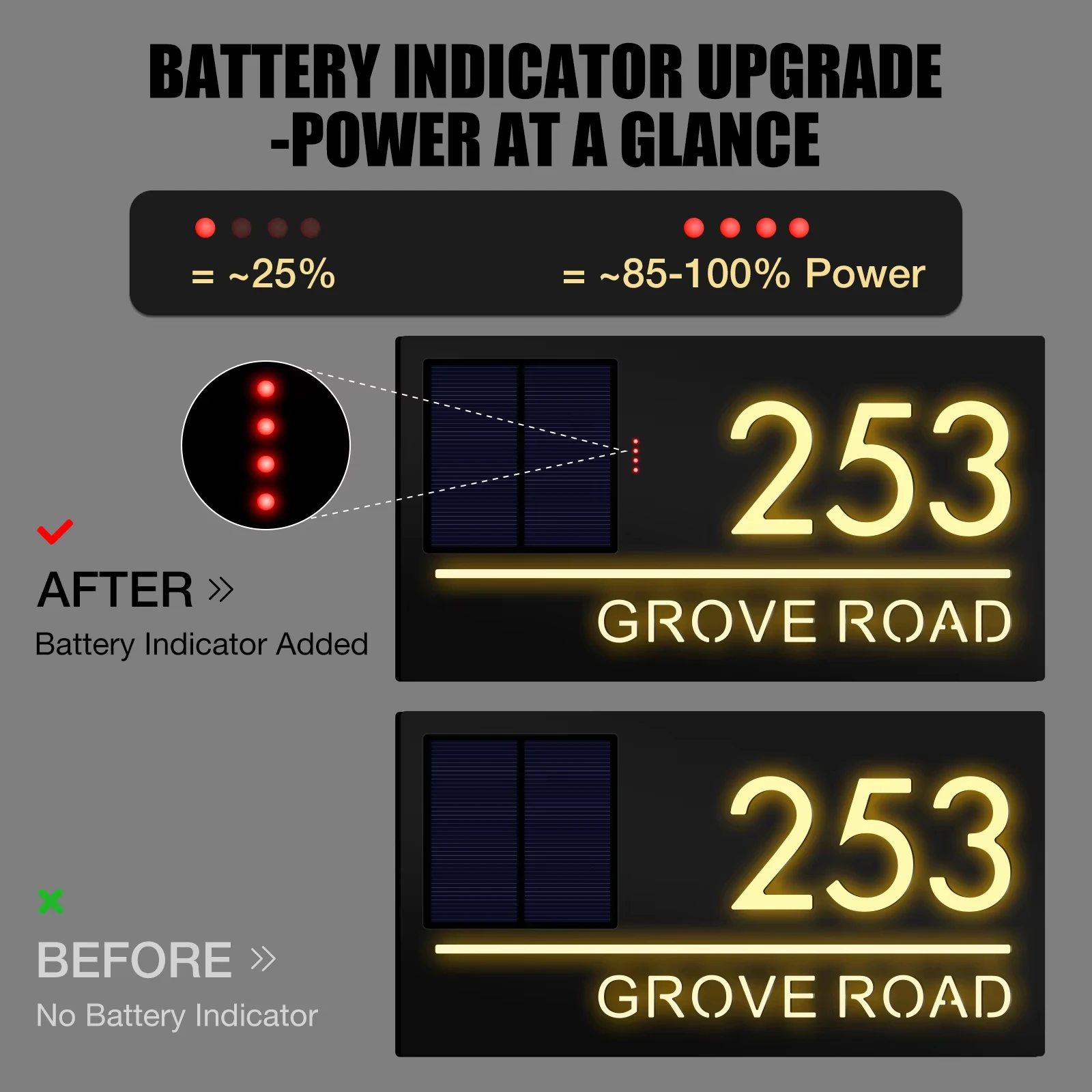 Solar LED acrylic house number sign mounted outdoors