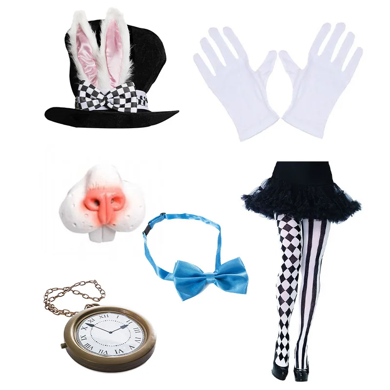 Costume De Lapin Blanc - Ensemble 4 Pièces : Oreilles Peluche, Chapeau, Nez, Gants Avec Horloge - Pour Halloween, Pâques, Cosplay