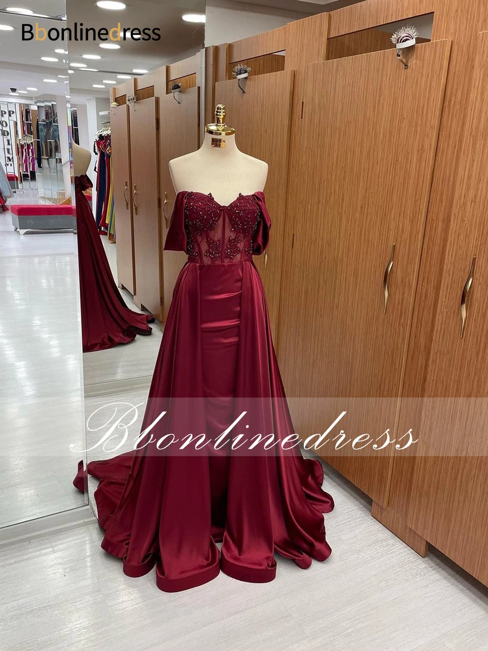 

Bbonlinedress Burgundy Prom Dresses 2024 Custom Beading Off The Shoulder Evening Dress Transparent Sweetheart Party Gown Vestido