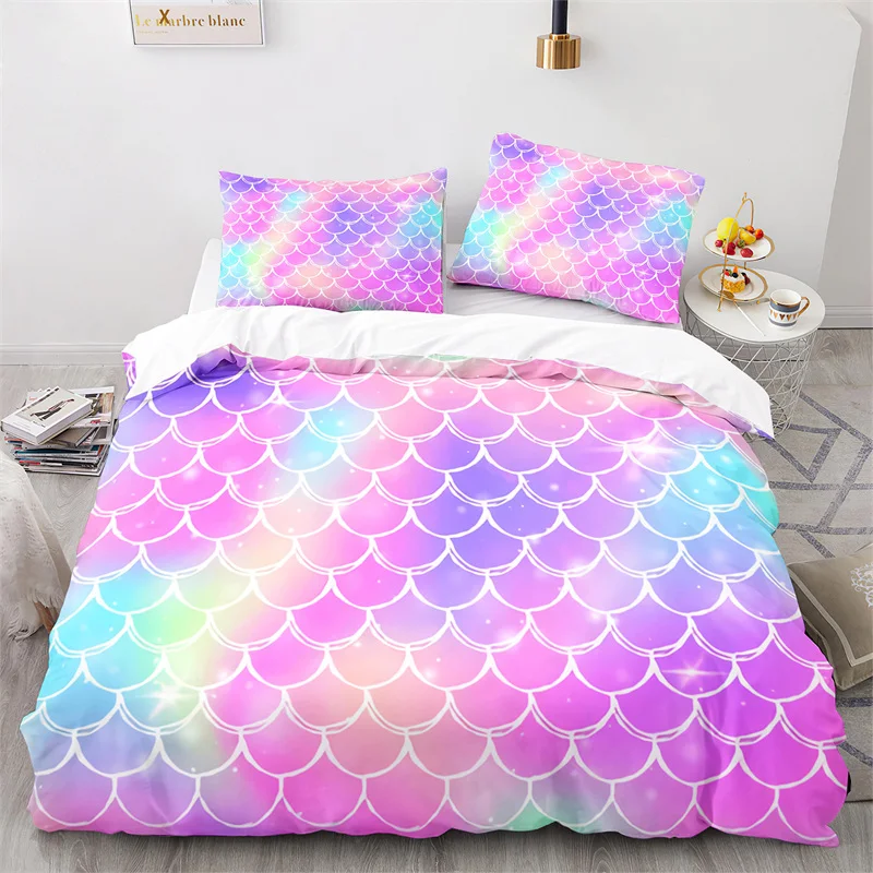 Colorful Fish Scales Bedding Set For Kids Girl Blue Pink Mermaid Skin Surface Print Duvet Cover With Pillowcases Bedroom Decor 