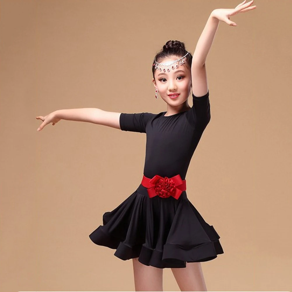 

2023 New 3-12 Years Girl Short Sleeve Latin Dance Dress Children's Black Orange Stretchy Dance Clothes Practice Competition Wear