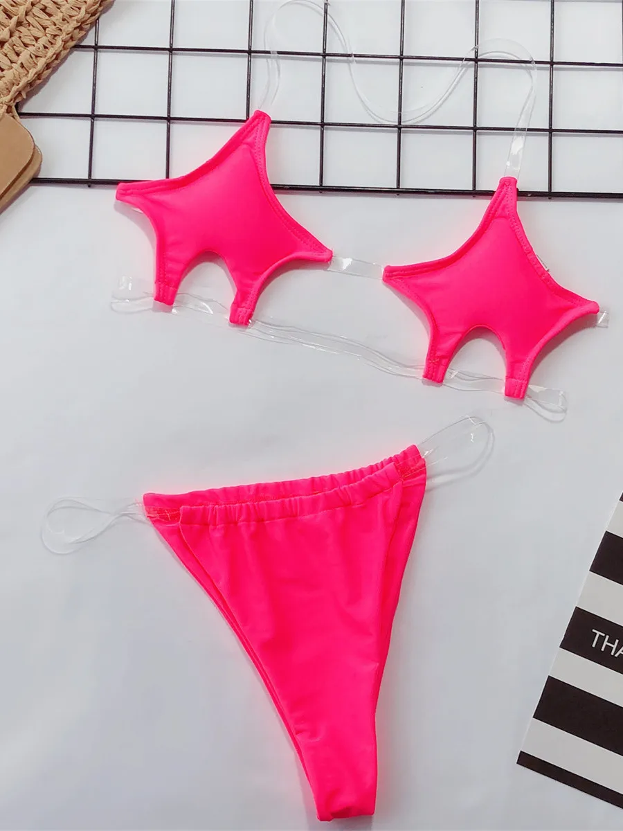 Micro Bikini Women Clear Strap Push Up Bra Neon Yellow Gold Transparent Swimsuit Women Triangle Bather Thong Swimwear Biquini