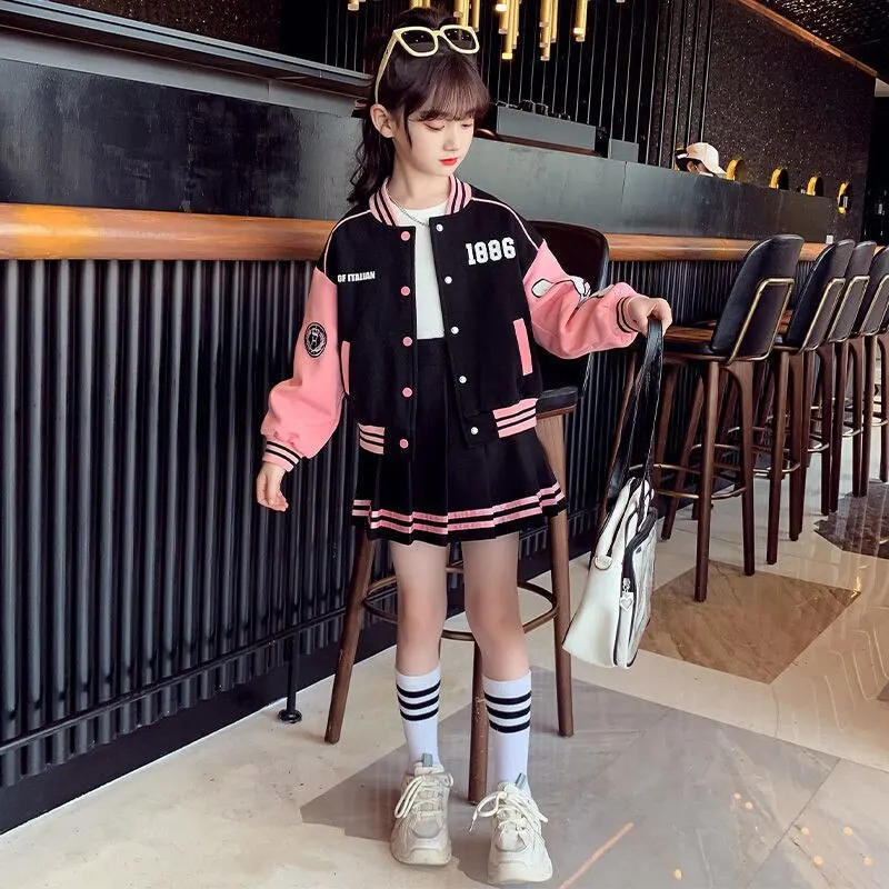 Girls Clothing Set Junior Girls Autumn Baseball Suits Jacket & Pleated Skirt 2 Pcs Outfits School Uniform 7-14Y