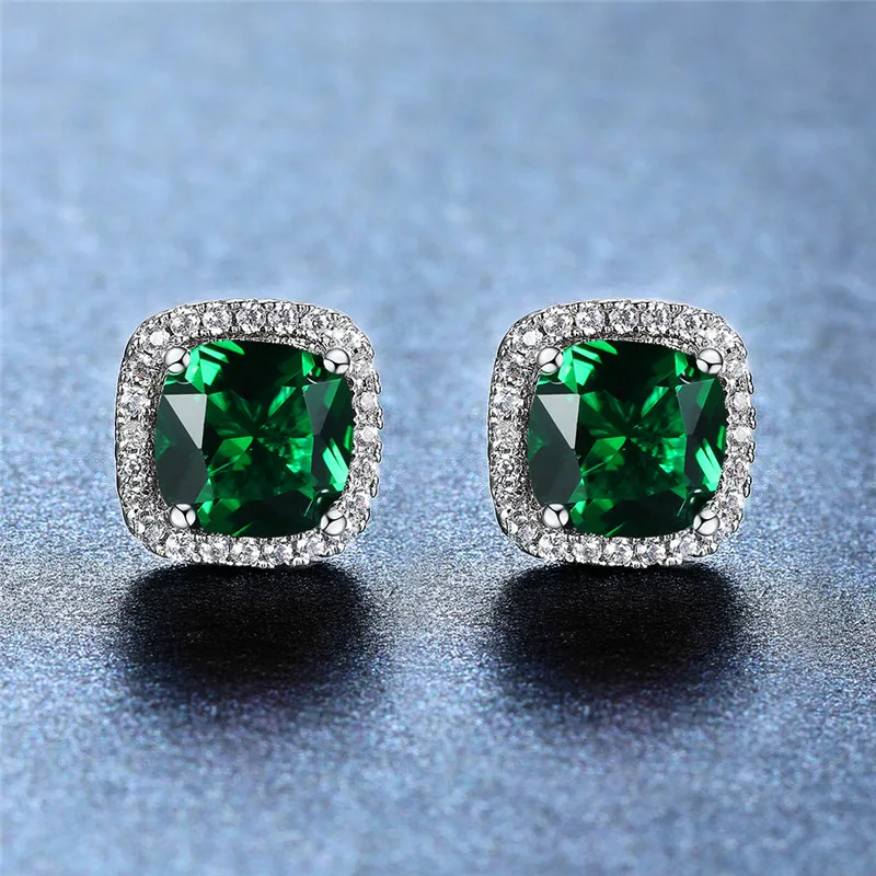 Cute Female Crystal Red Stone Stud Earrings Charm Silver Color Luxury Square Wedding Jewelry For Women